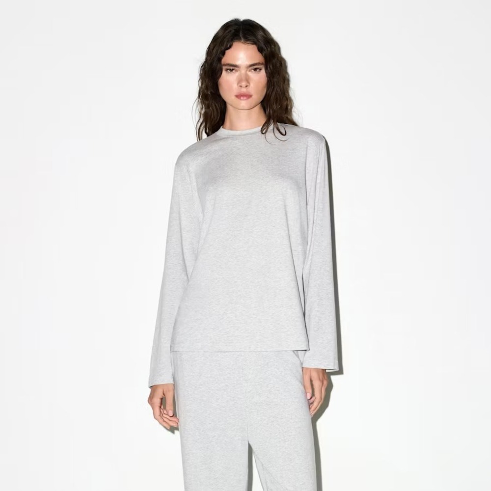 Skims Sleep Long Sleeve T-Shirt Heather Grey Modal Blend Crew Neck XL RN 158973